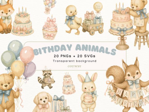 Download Birthday Animals Watercolor Cliparts SVG - Birthday animal Collection