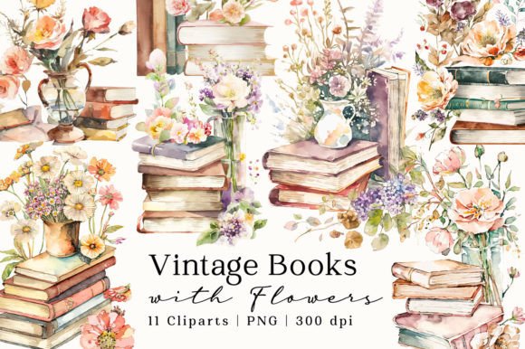 Download Vintage Books Flowers Watercolor Clipart - Flowers watercolor Collection